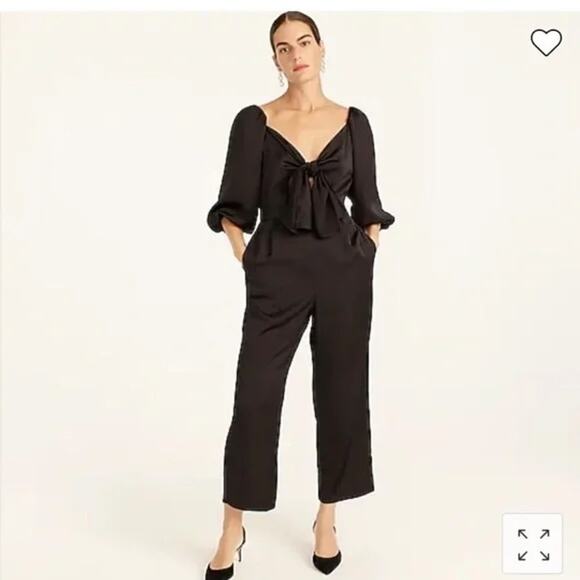 J. CREW Black Tie-Front Jumpsuit Satin Crepe Puff Sleeve Womens 10 Elegant - Picture 1 of 10